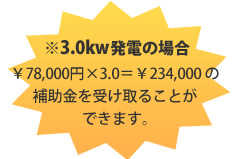 ※3.0kw発電の場合 ￥78,000円×3.0＝￥234,000 の補助金を受け取ることができます。